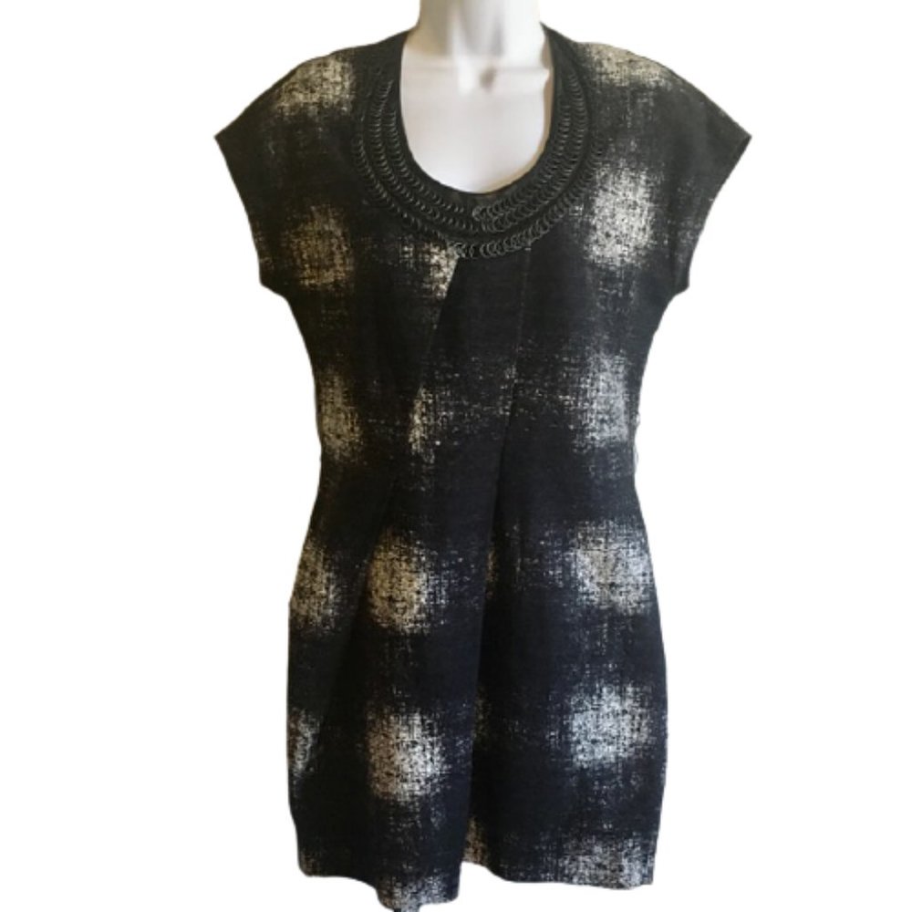 Yigal Azrouel Dress Black White Cotton Silk Blend Leather Neckline Detail 4